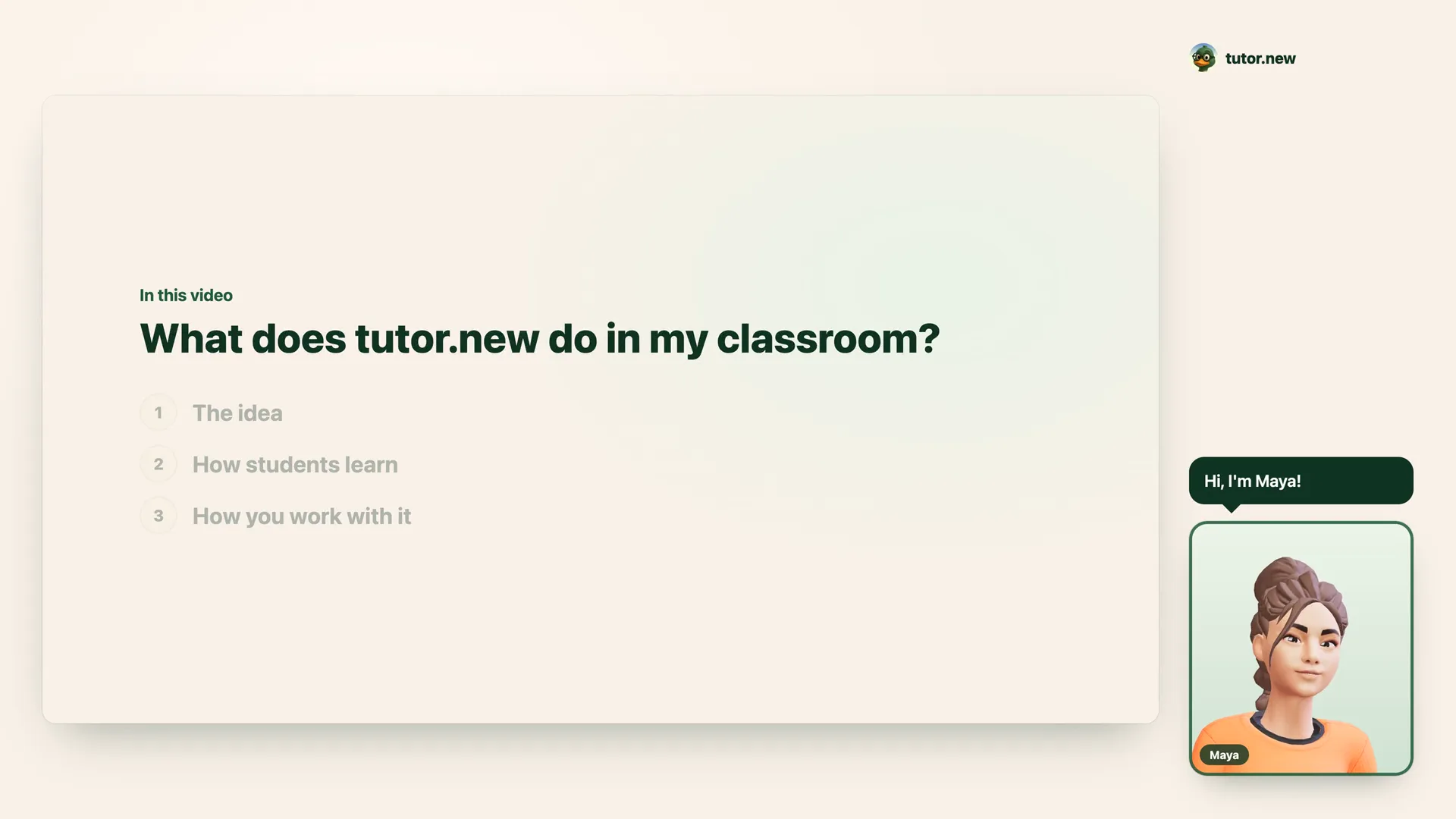 Title slide of the video “What does tutor.new do in my classroom?” with tutor Maya